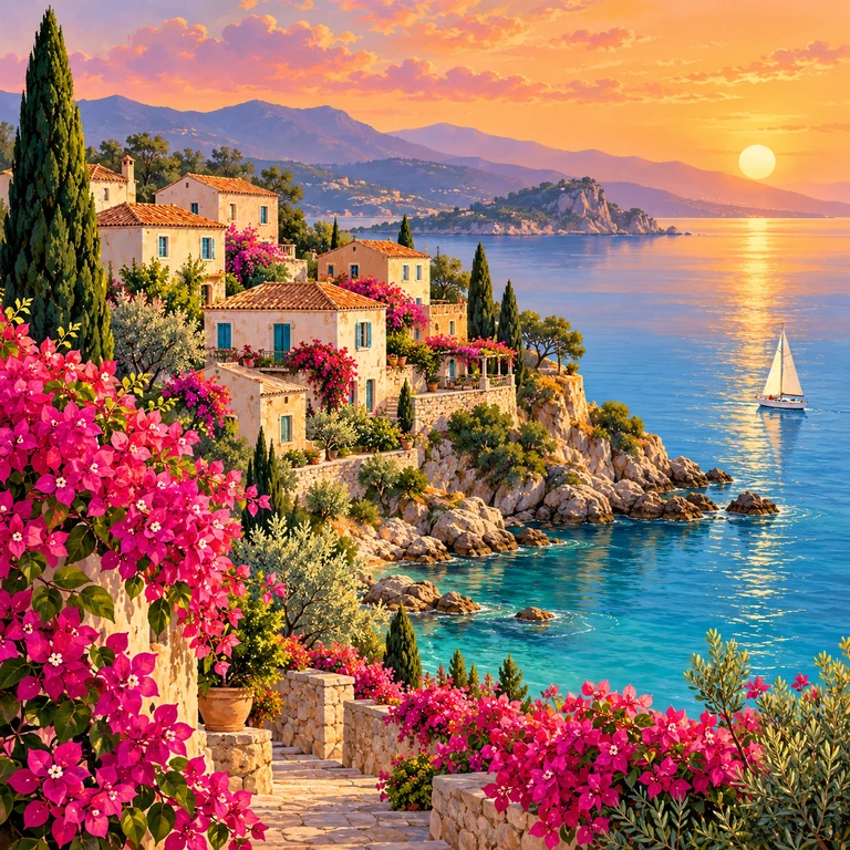 Sunset over a coastal village and bay