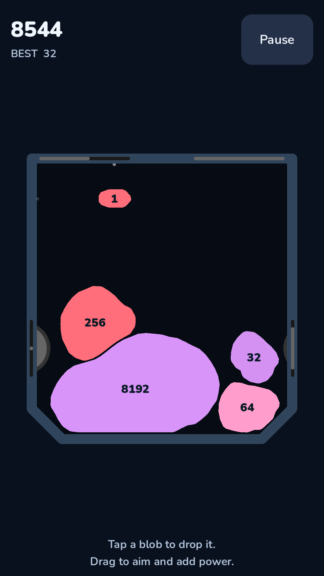 Jelly Jumble gameplay with a score of 8544 and an 8192 blob; staged later-game capture