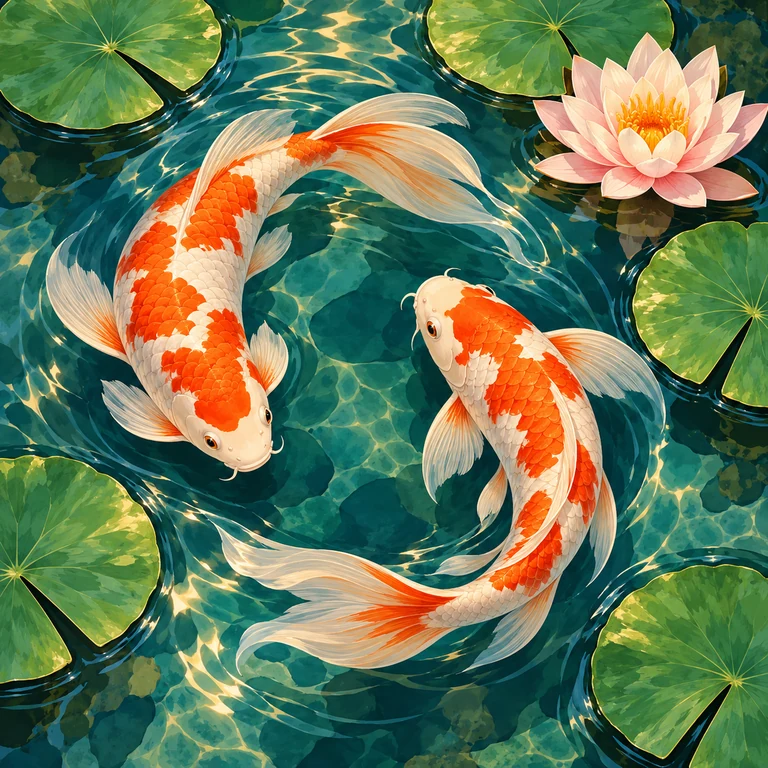 Koi swimming among lily pads in turquoise water