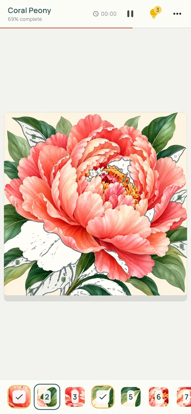 TintHop gameplay: a partially colored peony with numbered unfinished regions, hints, timer and color palette